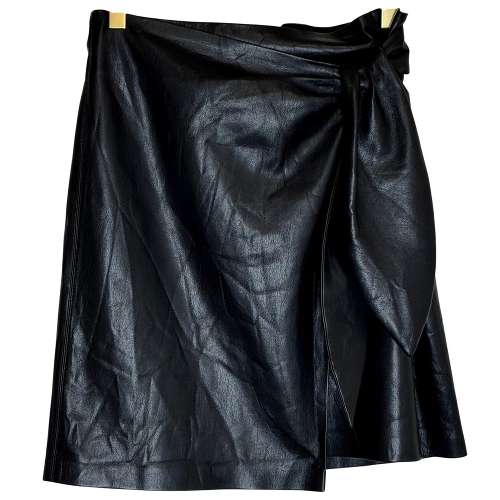 Nanushka Vegan Leather Wrap Skirt Black Tie Waist Above Knee Size Medium - Picture 2 of 9